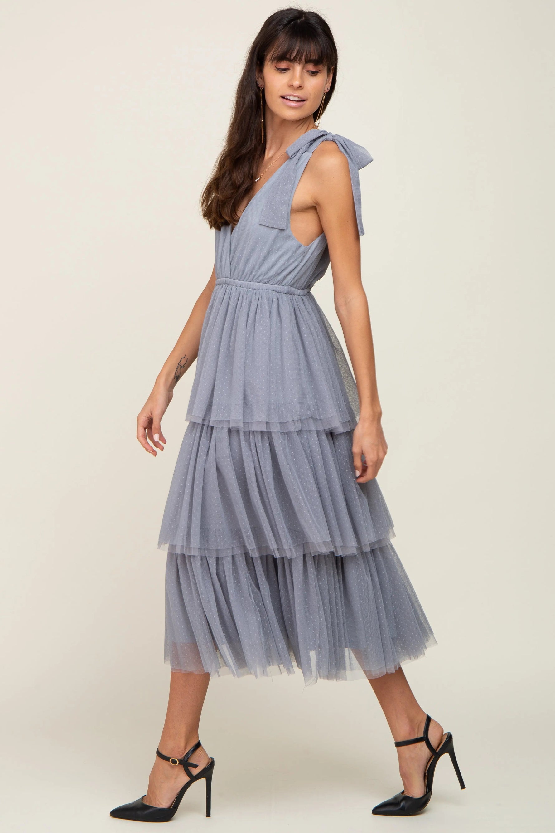 PinkBlush Light Blue Sleeveless Tiered Tie Strap Tulle Midi Dress - 