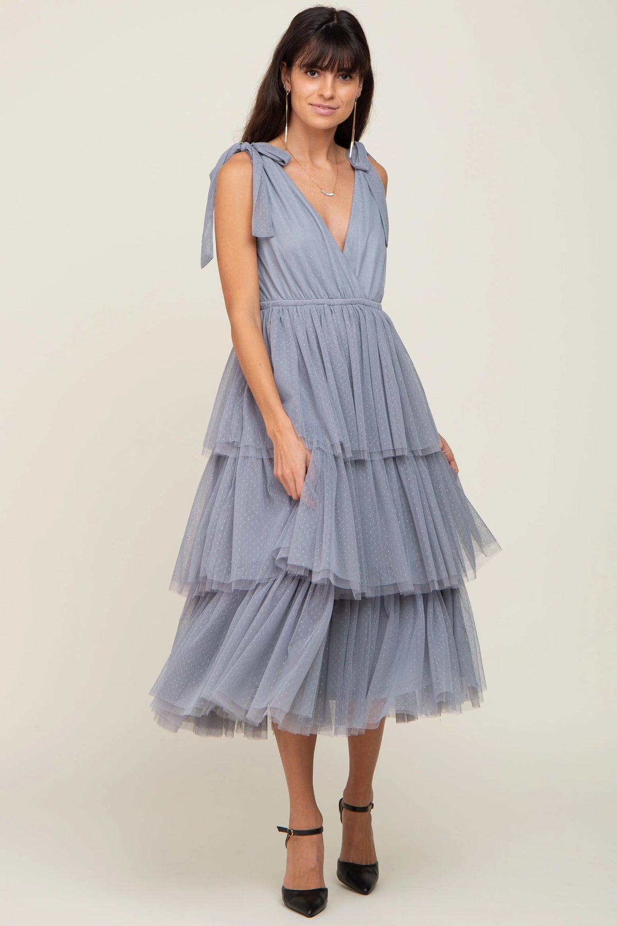PinkBlush Light Blue Sleeveless Tiered Tie Strap Tulle Midi Dress - 