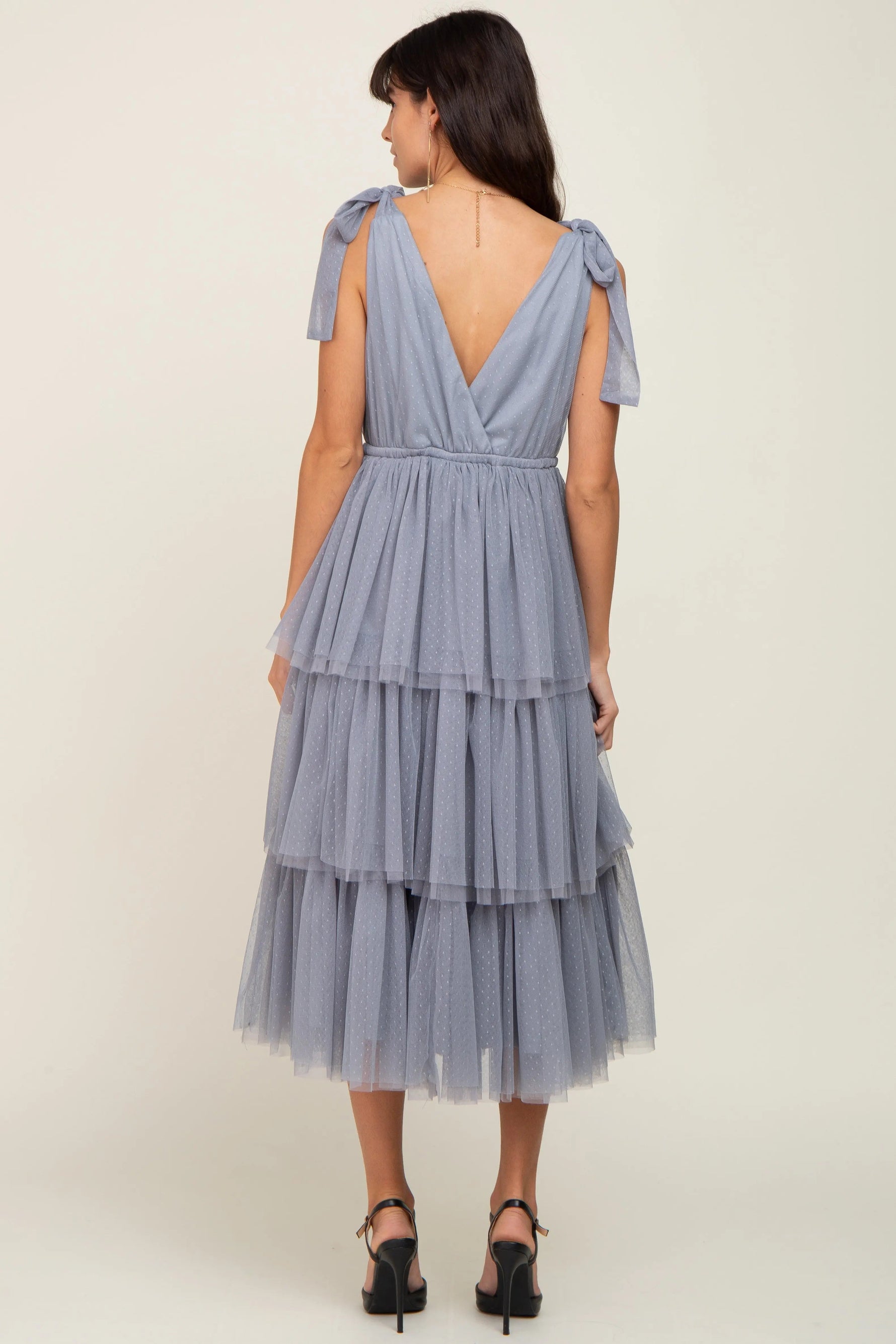 PinkBlush Light Blue Sleeveless Tiered Tie Strap Tulle Midi Dress - 