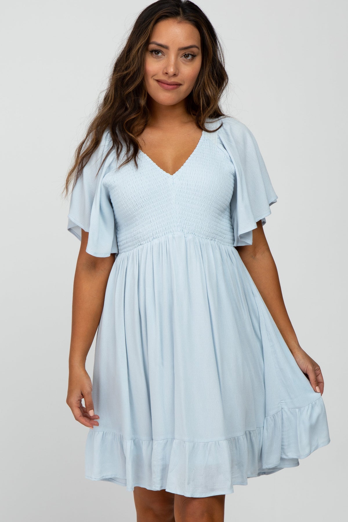 PinkBlush Light Blue Smocked Front Ruffle Hem Maternity Dress - 