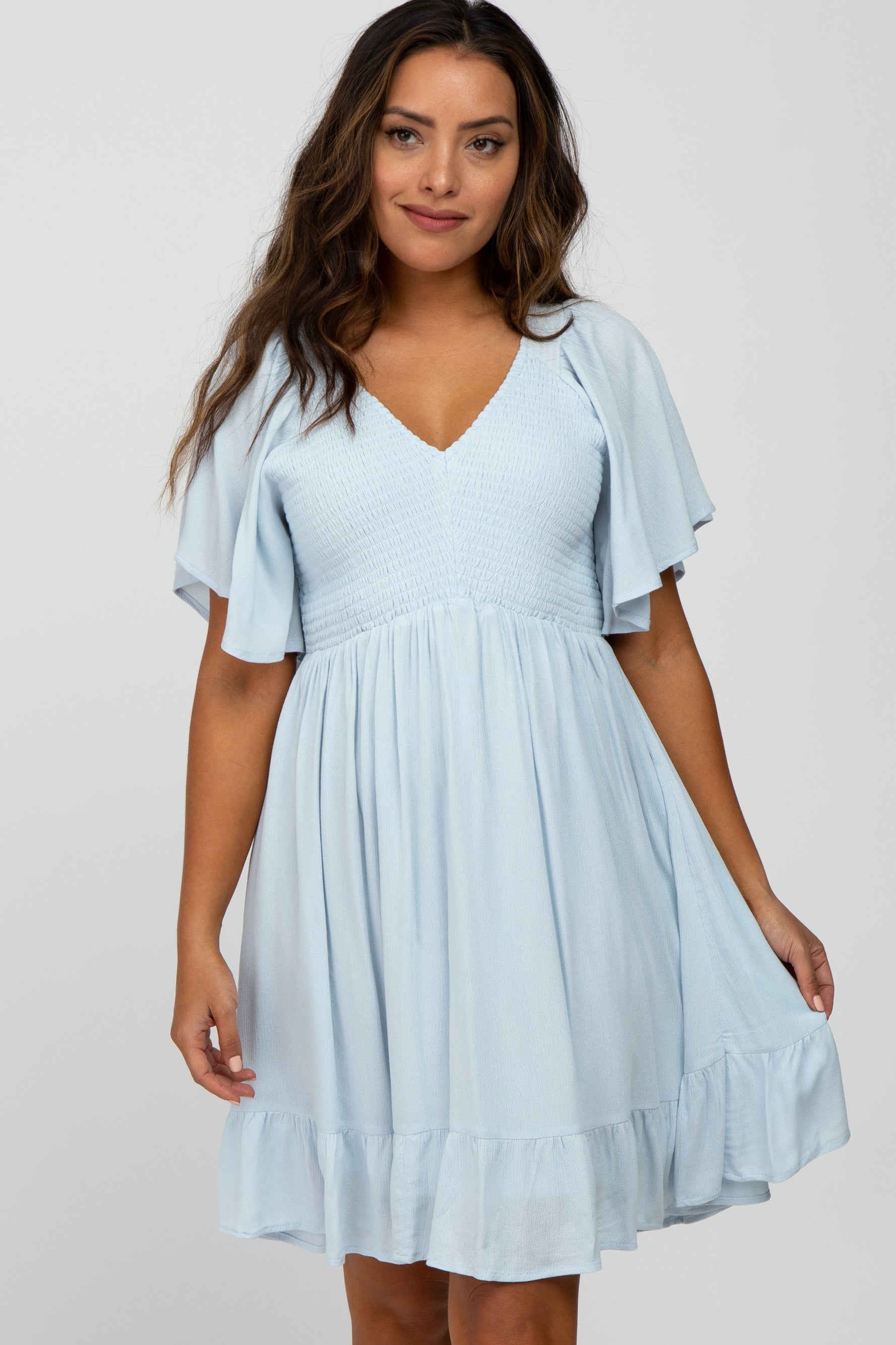 PinkBlush Light Blue Smocked Front Ruffle Hem Maternity Dress - 