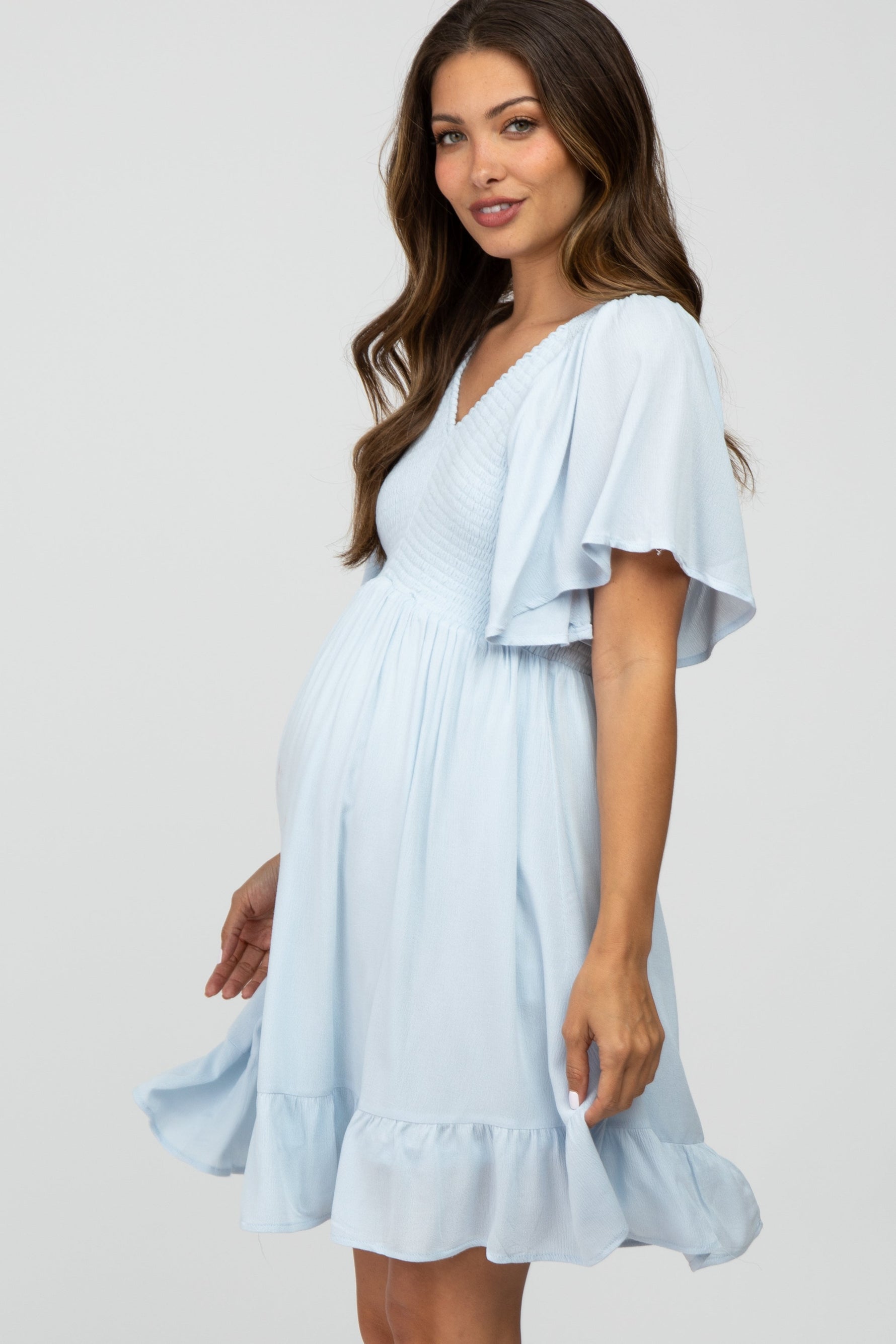 PinkBlush Light Blue Smocked Front Ruffle Hem Maternity Dress - 