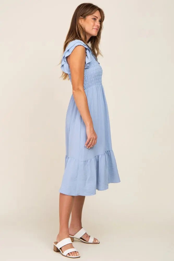 PinkBlush Light Blue Smocked Layered Ruffle Flutter Sleeve Midi Dress - 