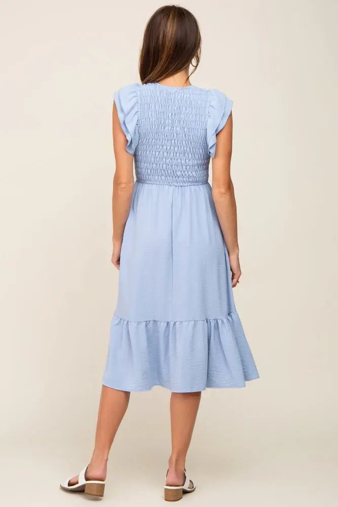 PinkBlush Light Blue Smocked Layered Ruffle Flutter Sleeve Midi Dress - 