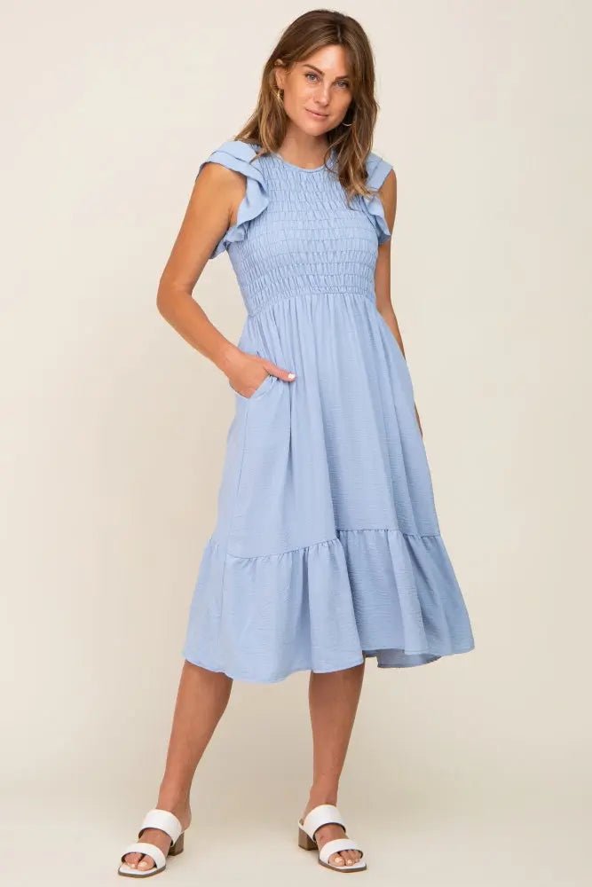 PinkBlush Light Blue Smocked Layered Ruffle Flutter Sleeve Midi Dress - 