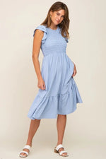 PinkBlush Light Blue Smocked Layered Ruffle Flutter Sleeve Midi Dress - 