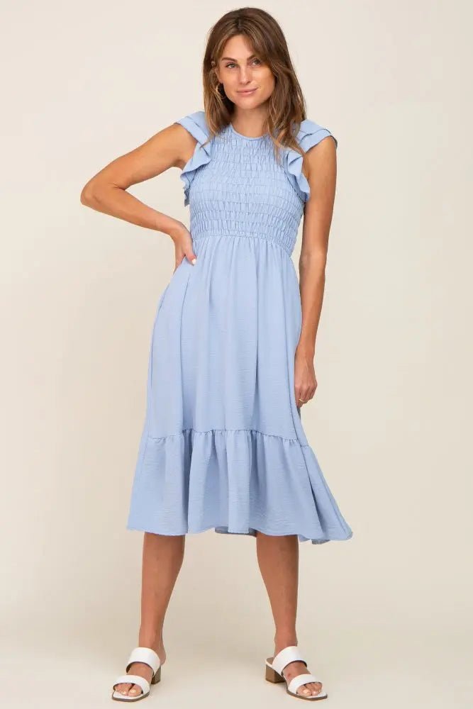 PinkBlush Light Blue Smocked Layered Ruffle Flutter Sleeve Midi Dress - 