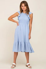 PinkBlush Light Blue Smocked Layered Ruffle Flutter Sleeve Midi Dress - 