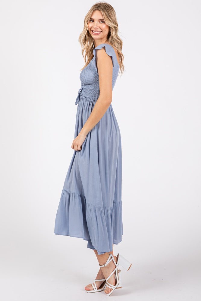 PinkBlush Light Blue Smocked Ruched Ruffle Hem Maxi Dress