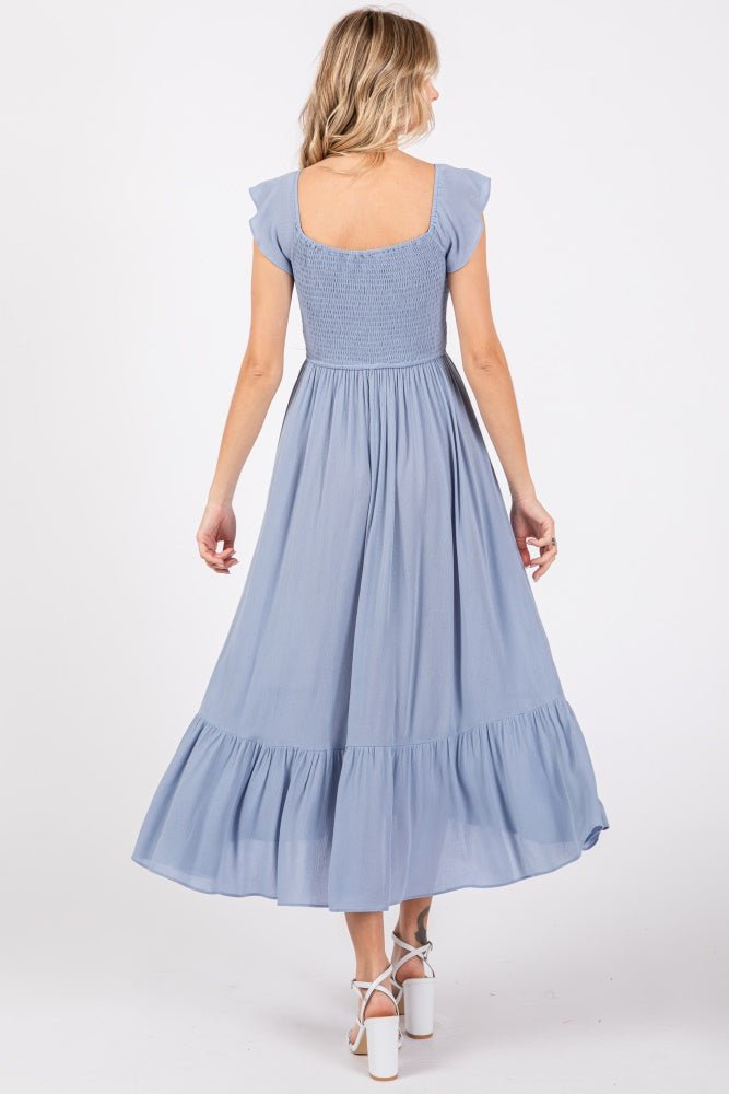 PinkBlush Light Blue Smocked Ruched Ruffle Hem Maxi Dress