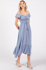 PinkBlush Light Blue Smocked Ruched Ruffle Hem Maxi Dress