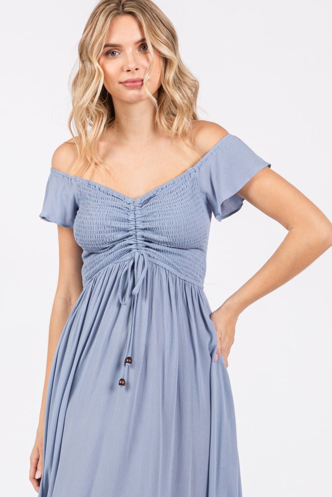 PinkBlush Light Blue Smocked Ruched Ruffle Hem Maxi Dress