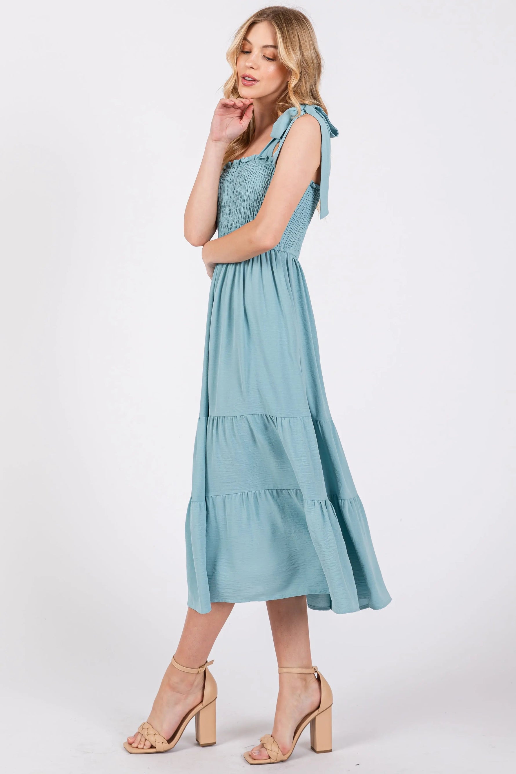 PinkBlush Light Blue Smocked Tie Strap Tiered Midi Dress - 