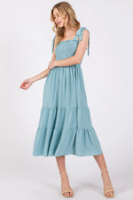 PinkBlush Light Blue Smocked Tie Strap Tiered Midi Dress - 