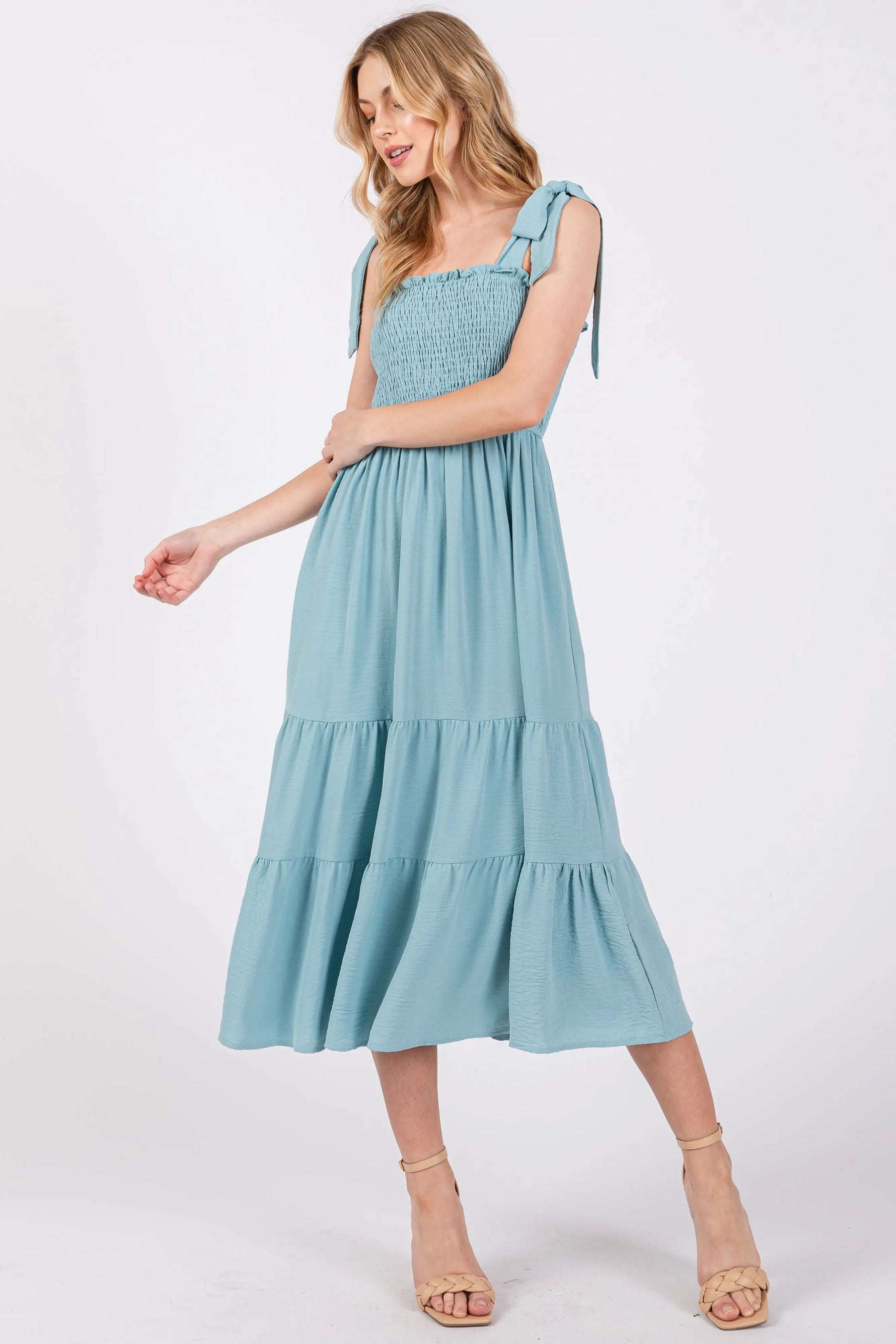 PinkBlush Light Blue Smocked Tie Strap Tiered Midi Dress - 