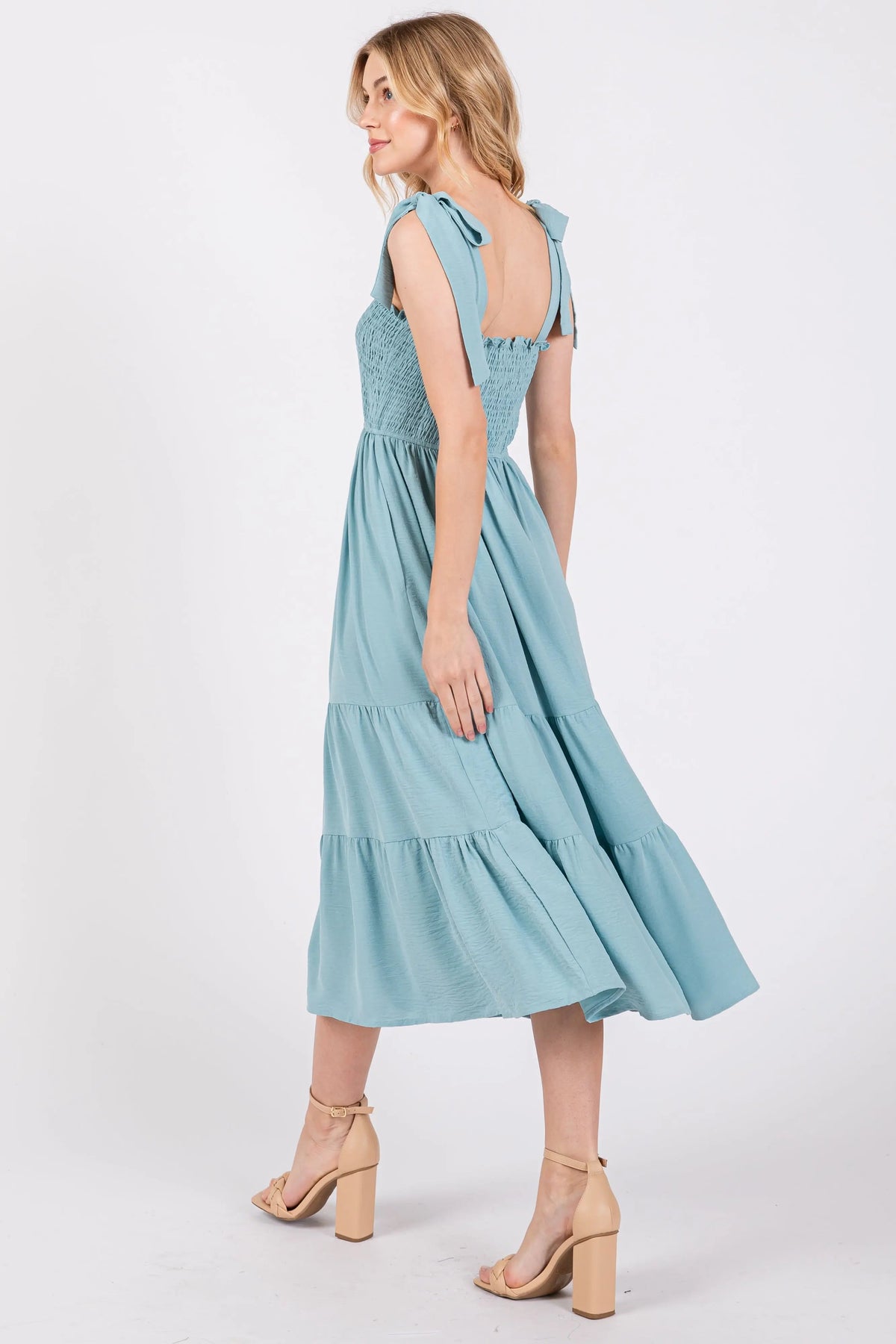 PinkBlush Light Blue Smocked Tie Strap Tiered Midi Dress - 