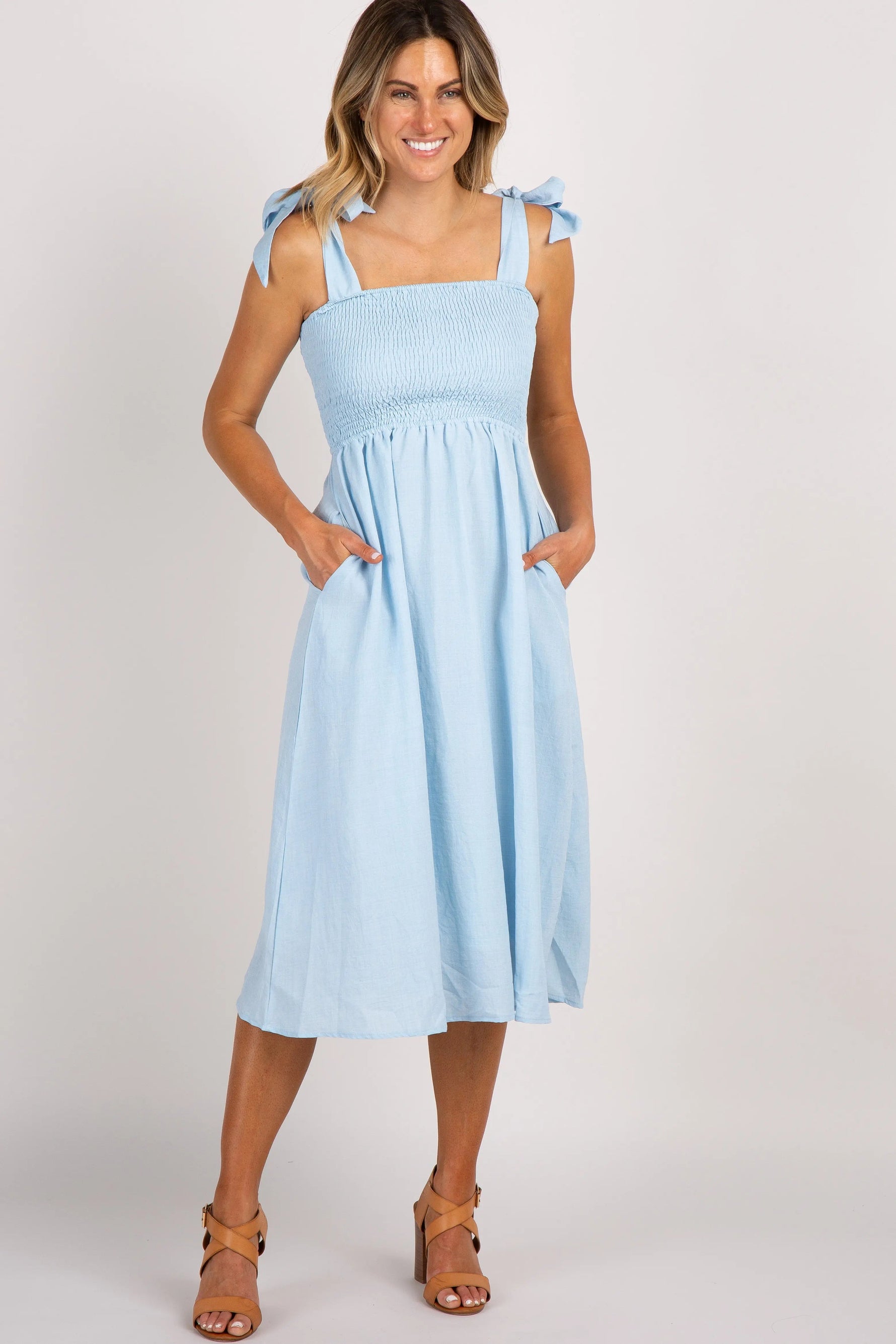 PinkBlush Light Blue Strap Tie Smocked Dress - 