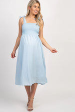 PinkBlush Light Blue Strap Tie Smocked Maternity Dress - 