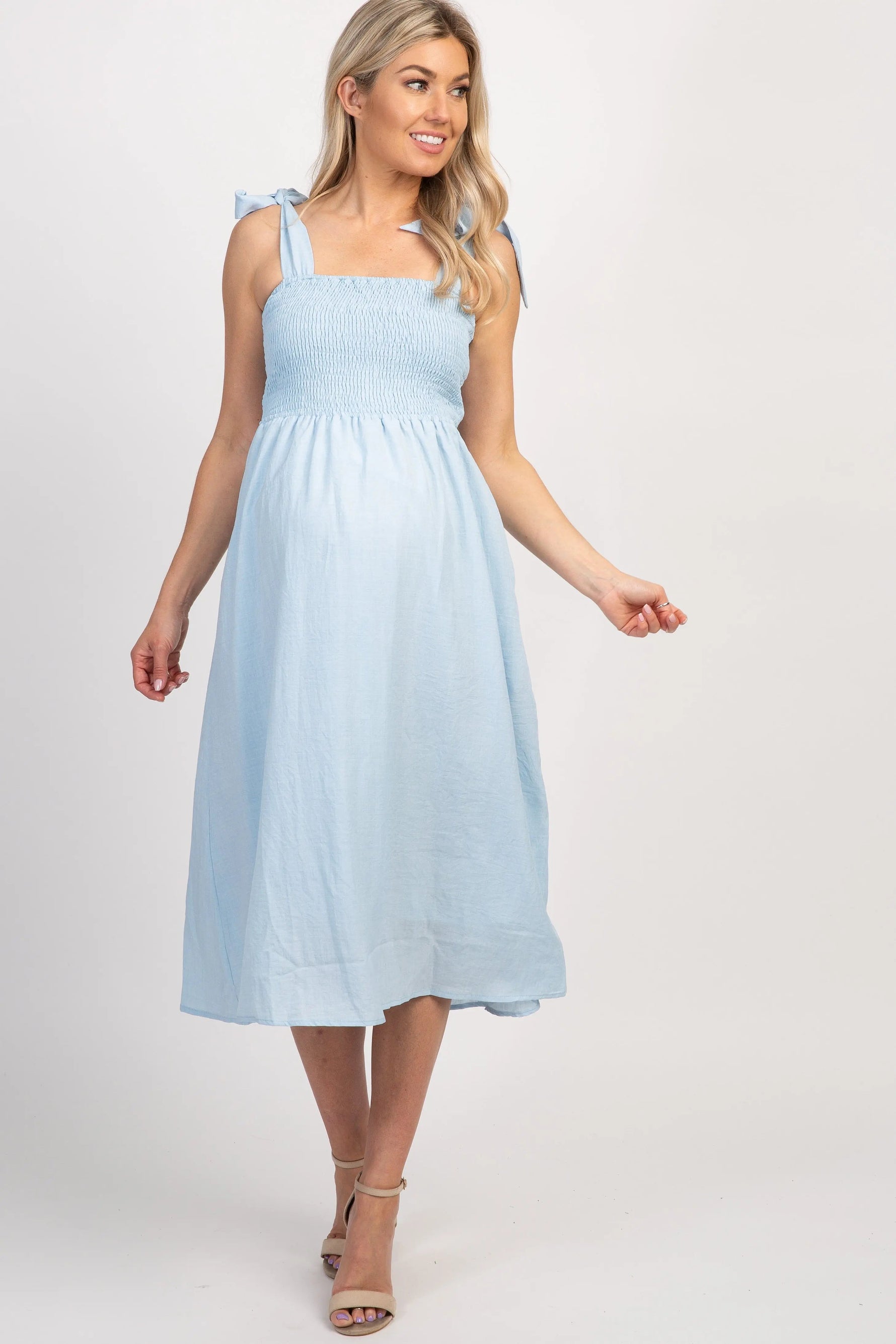 PinkBlush Light Blue Strap Tie Smocked Maternity Dress - 