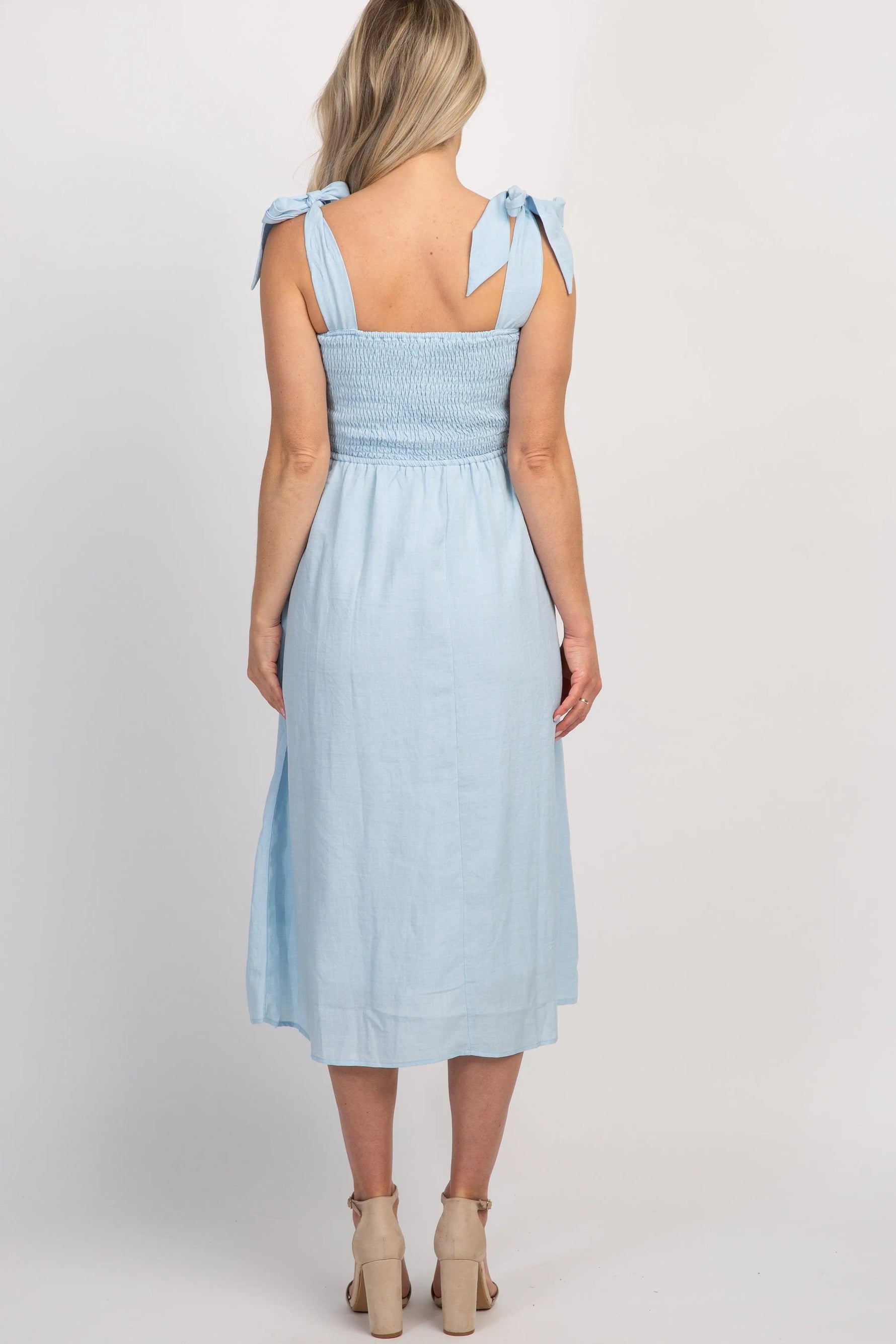 PinkBlush Light Blue Strap Tie Smocked Maternity Dress - 