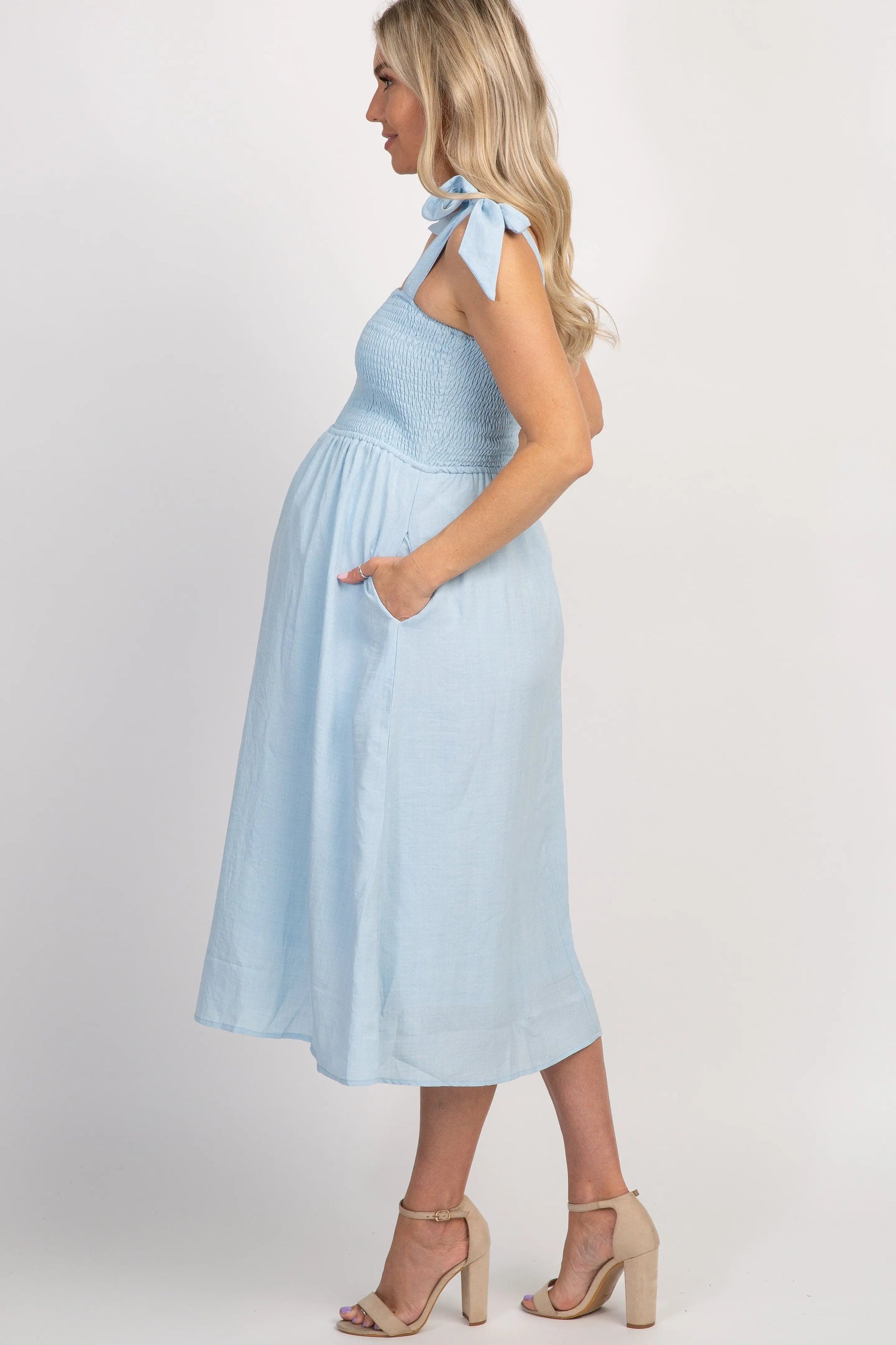 PinkBlush Light Blue Strap Tie Smocked Maternity Dress - 