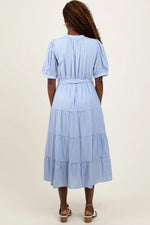 PinkBlush Light Blue Striped Button Up Tiered Maxi Dress - 