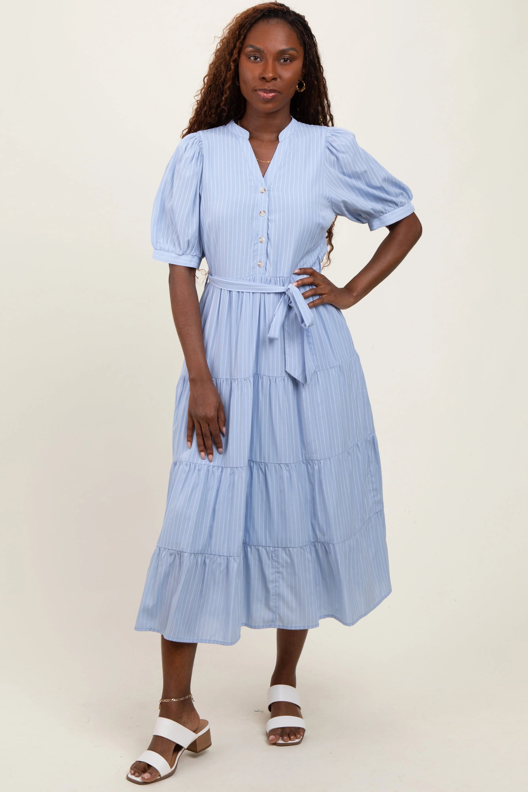 PinkBlush Light Blue Striped Button Up Tiered Maxi Dress - 