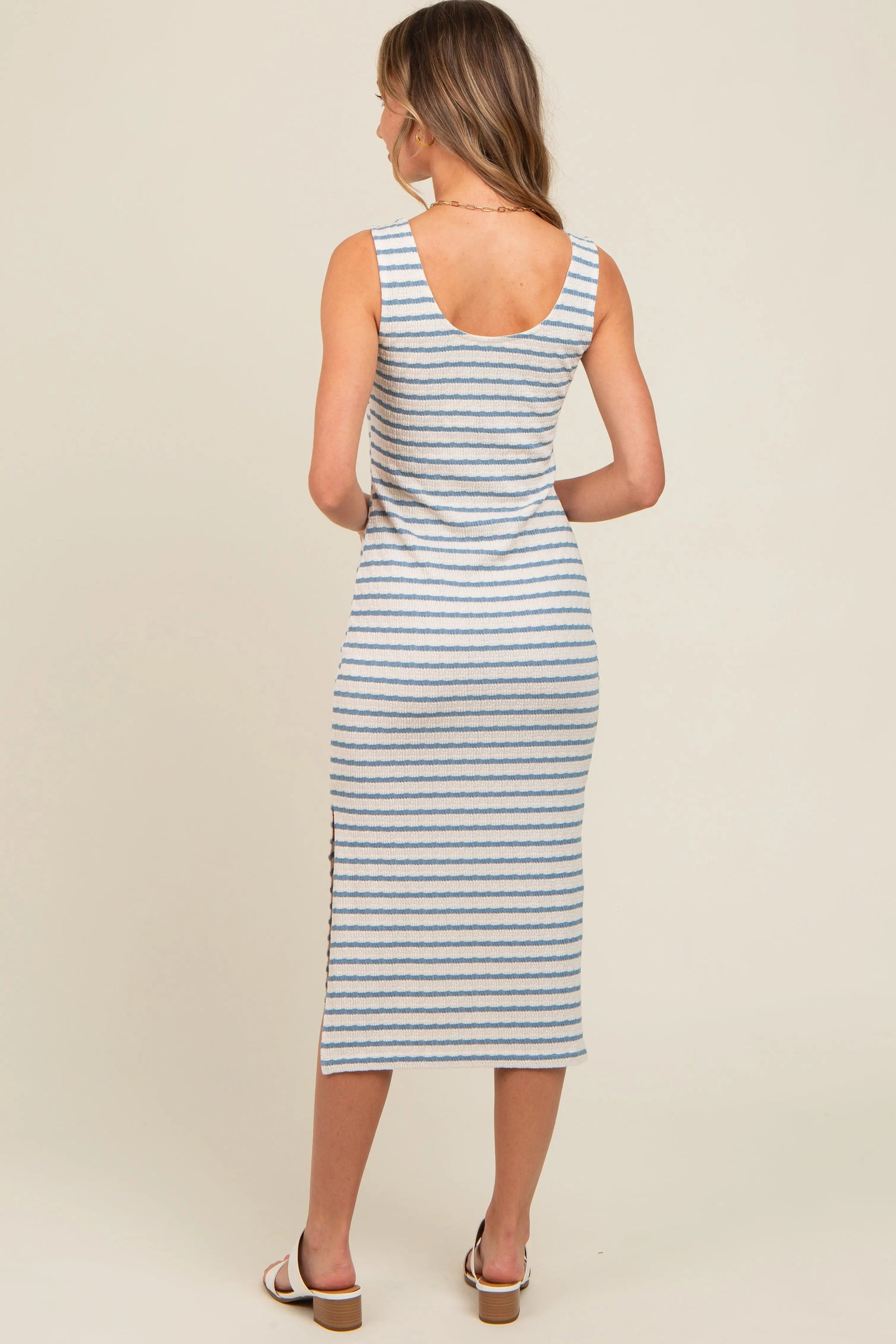 PinkBlush Light Blue Striped Side Slit Midi Dress - 