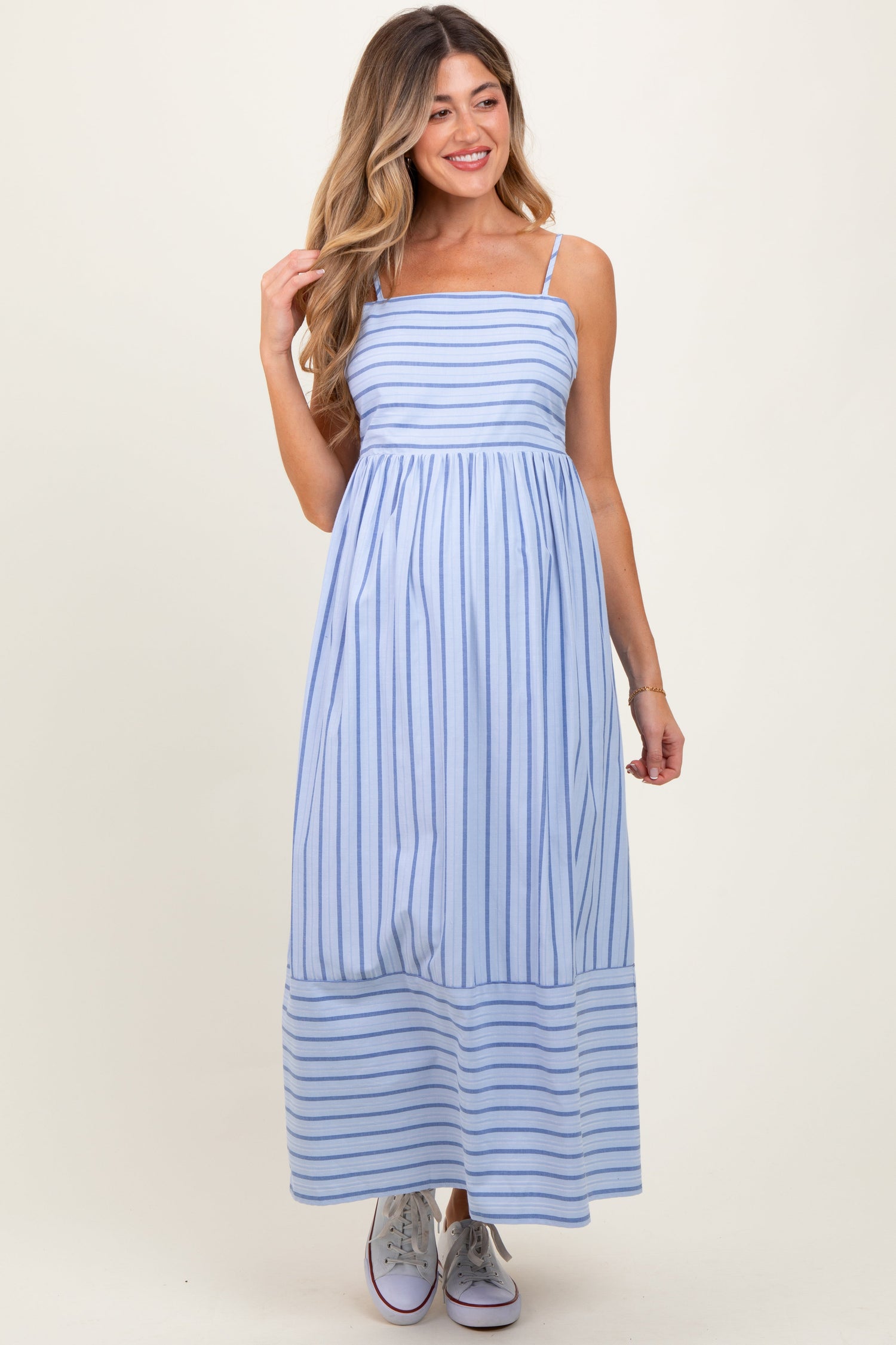 PinkBlush Light Blue Striped Sleeveless Maternity Maxi Dress