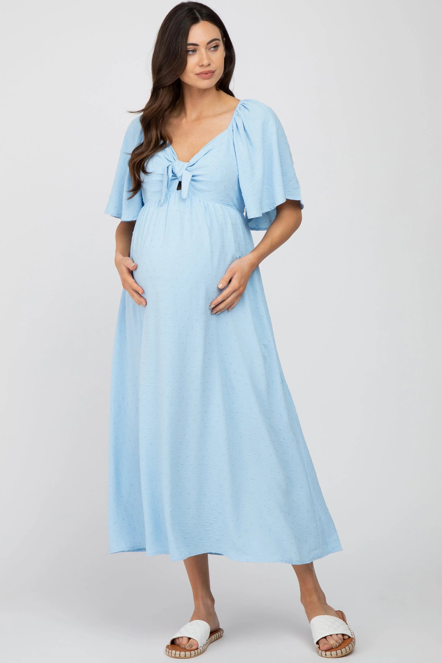 PinkBlush Light Blue Textured Dot Front Tie Ruffle Sleeve Maternity Midi Dress - 