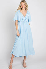 PinkBlush Light Blue Textured Dot Front Tie Ruffle Sleeve Maternity Midi Dress - 