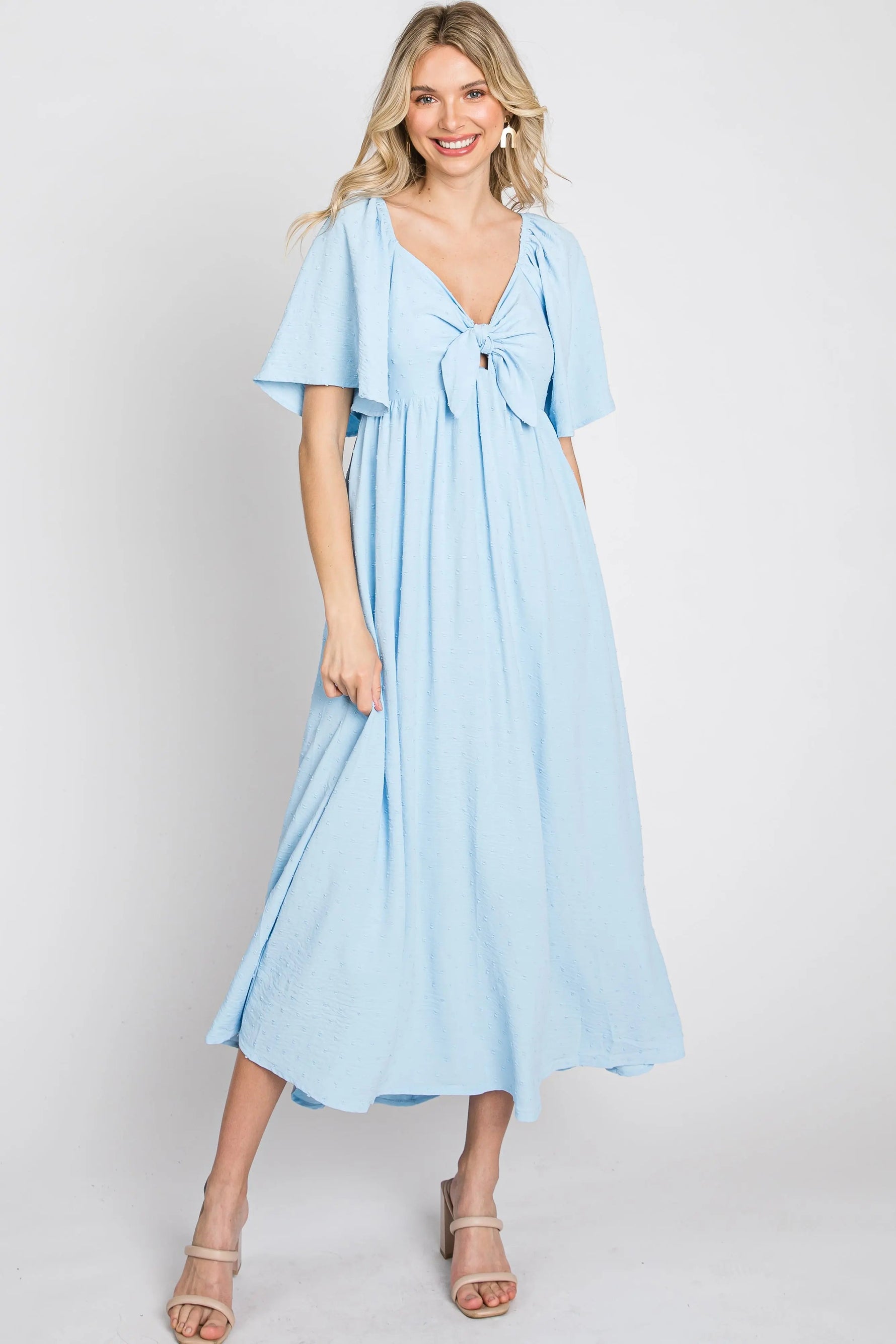 PinkBlush Light Blue Textured Dot Front Tie Ruffle Sleeve Maternity Midi Dress - 