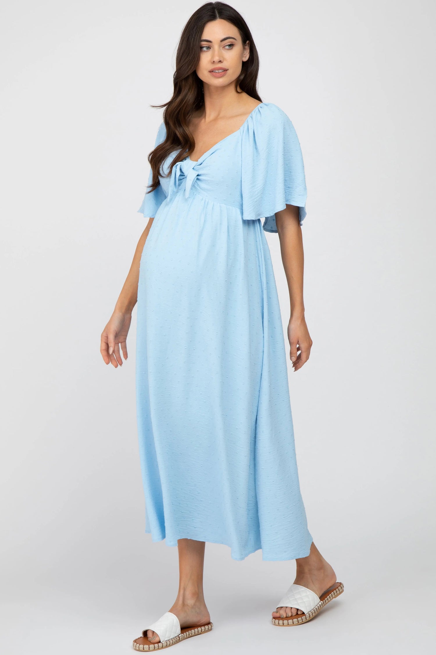 PinkBlush Light Blue Textured Dot Front Tie Ruffle Sleeve Maternity Midi Dress - 