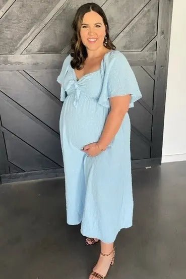 PinkBlush Light Blue Textured Dot Front Tie Ruffle Sleeve Maternity Midi Dress - 