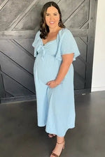 PinkBlush Light Blue Textured Dot Front Tie Ruffle Sleeve Maternity Midi Dress - 