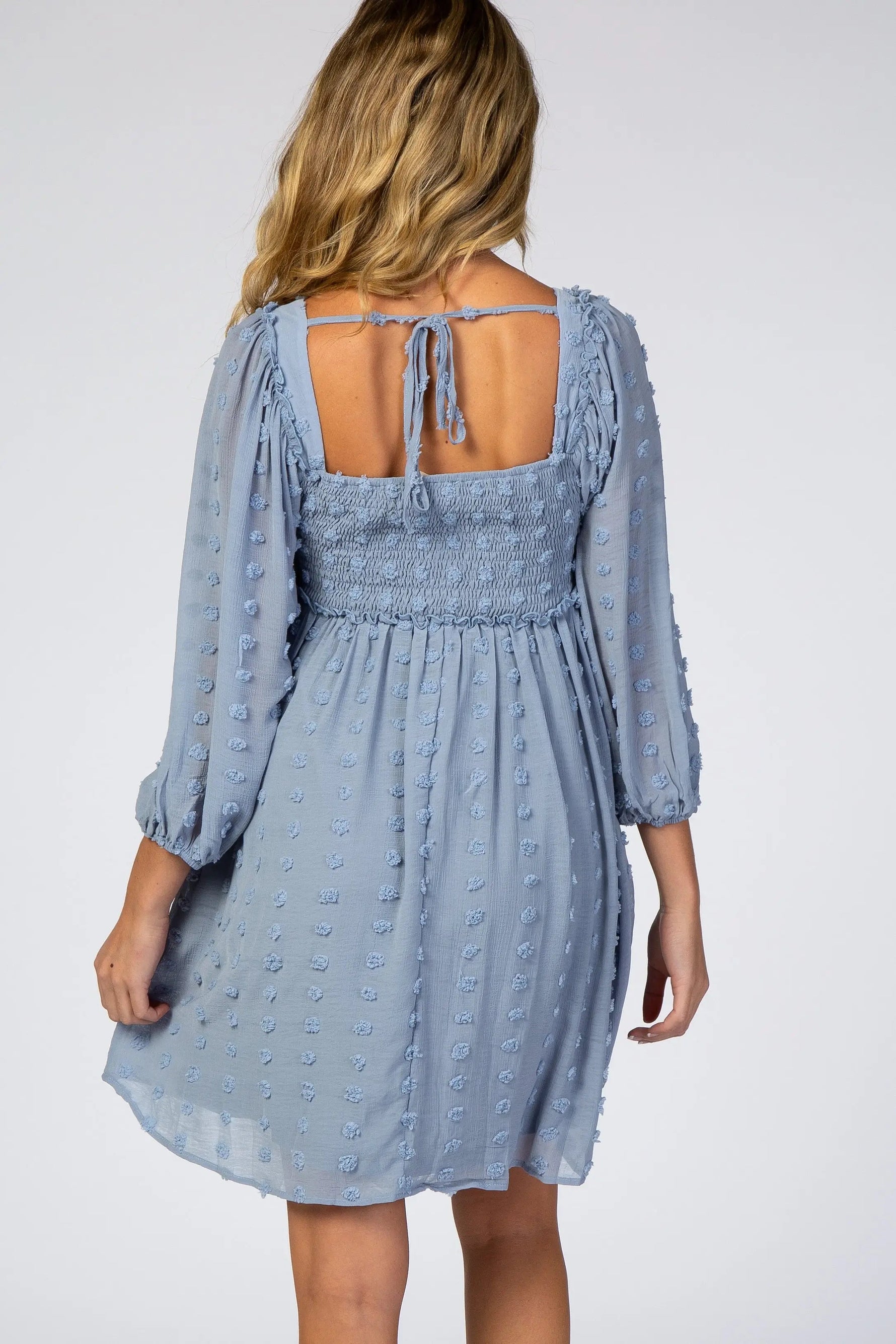PinkBlush Light Blue Textured Dot Smocked Square Neck Chiffon Maternity Dress - 