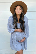 PinkBlush Light Blue Textured Dot Smocked Square Neck Chiffon Maternity Dress - 