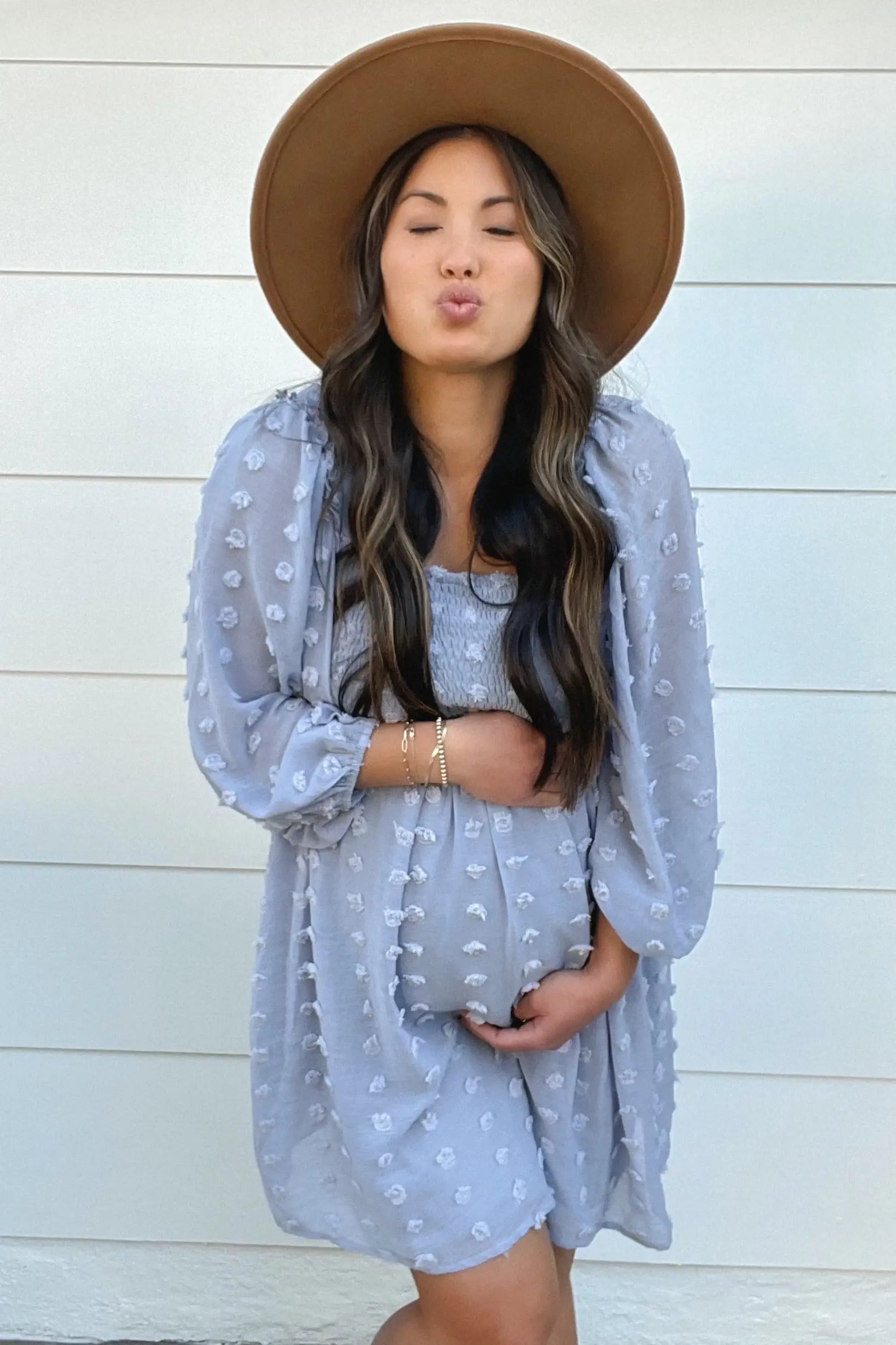 PinkBlush Light Blue Textured Dot Smocked Square Neck Chiffon Maternity Dress - 