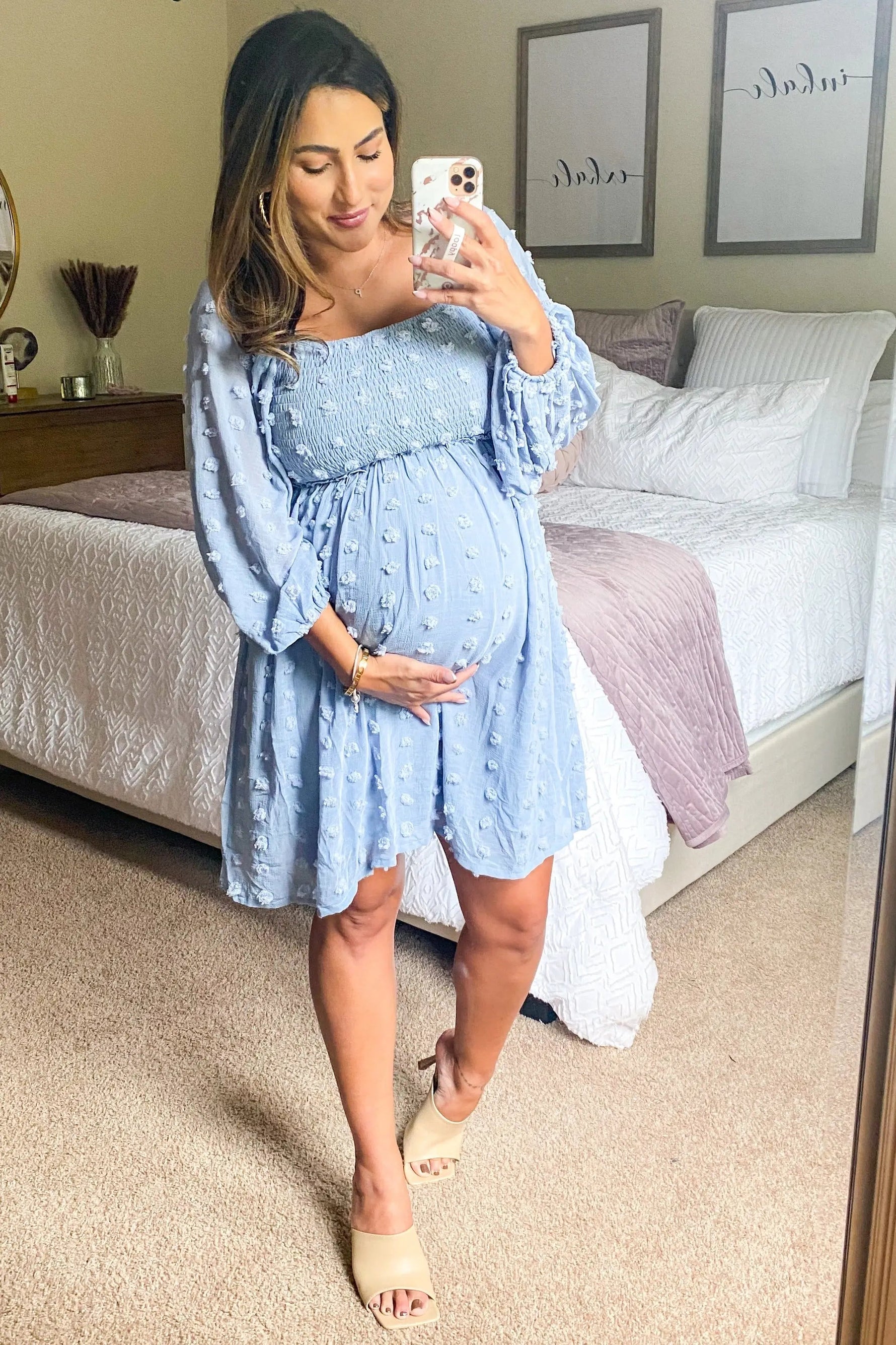 PinkBlush Light Blue Textured Dot Smocked Square Neck Chiffon Maternity Dress - 