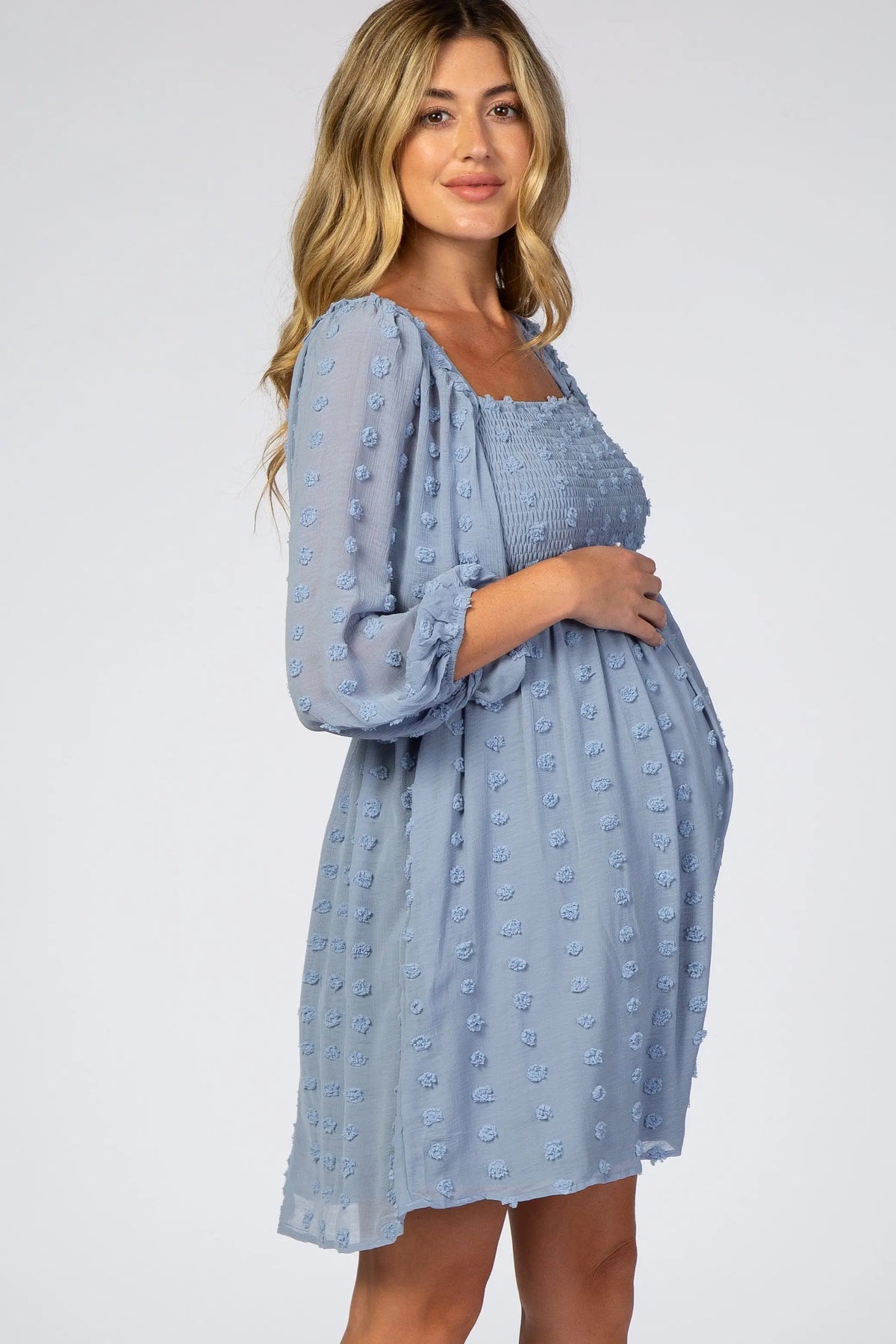 PinkBlush Light Blue Textured Dot Smocked Square Neck Chiffon Maternity Dress - 