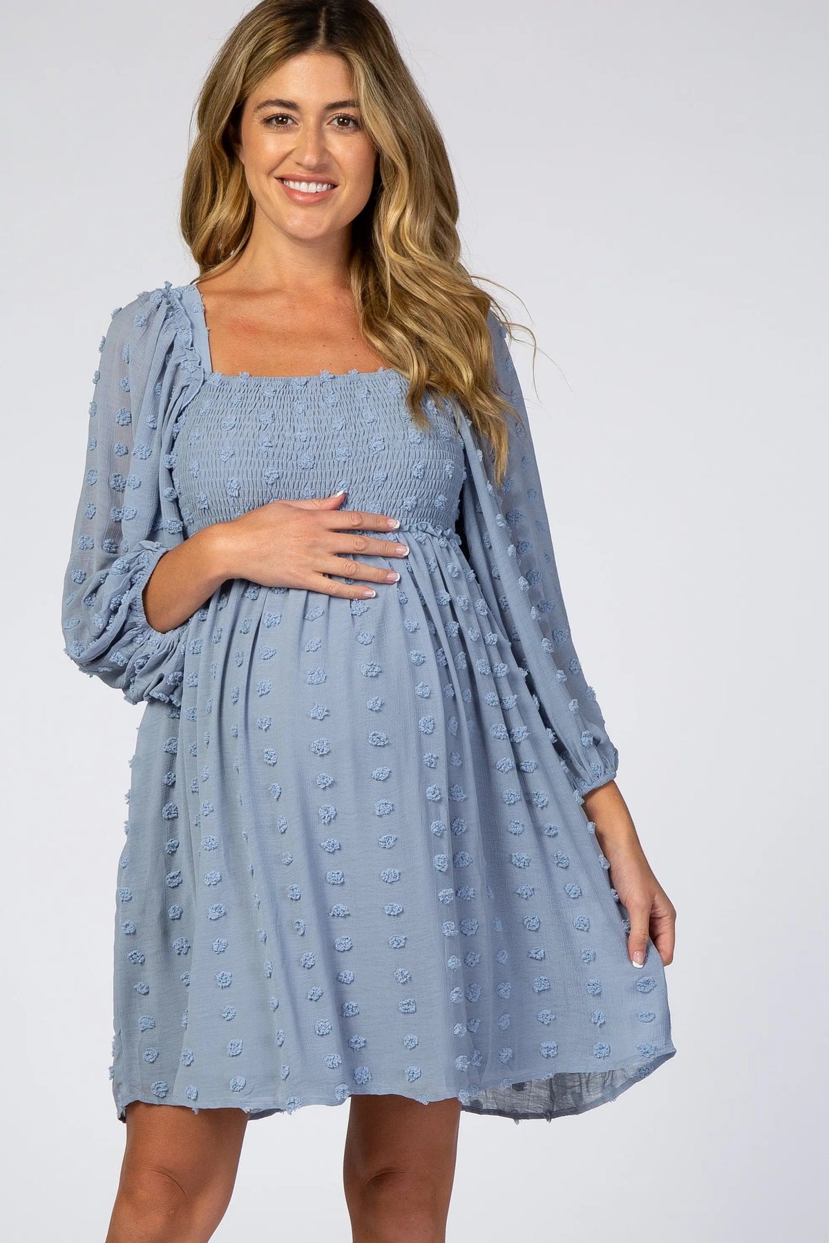 PinkBlush Light Blue Textured Dot Smocked Square Neck Chiffon Maternity Dress - 