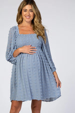 PinkBlush Light Blue Textured Dot Smocked Square Neck Chiffon Maternity Dress - 
