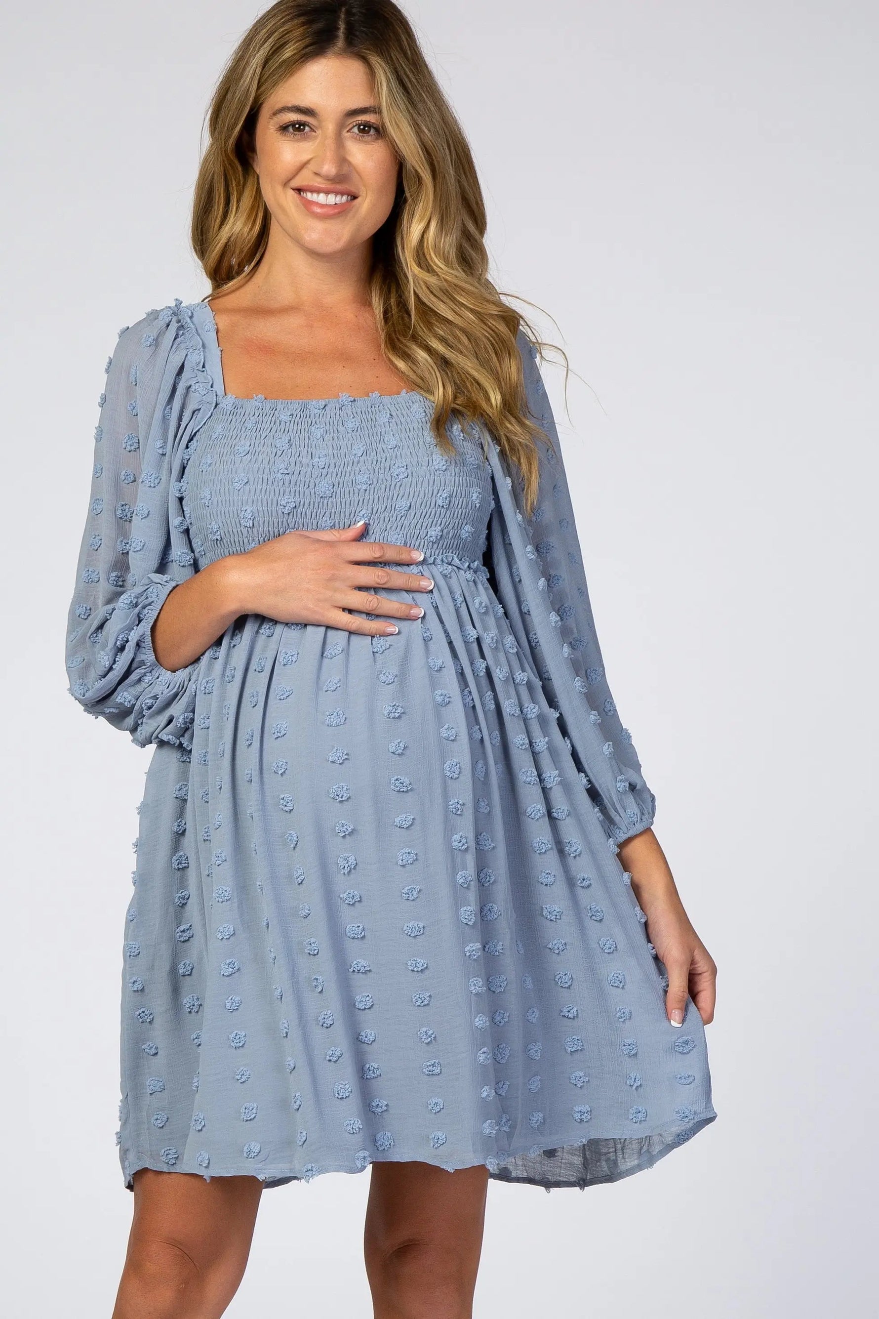 PinkBlush Light Blue Textured Dot Smocked Square Neck Chiffon Maternity Dress - 