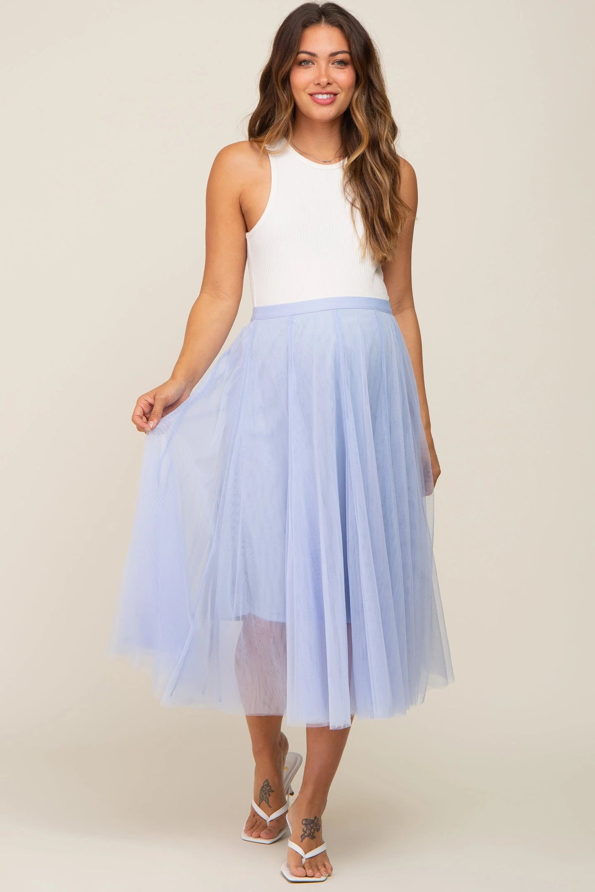 PinkBlush Light Blue Tulle Maternity Midi Skirt - 