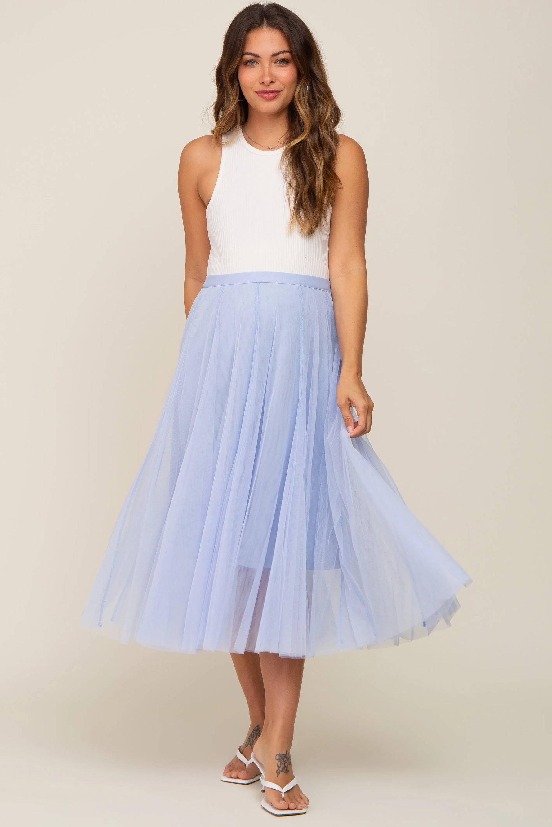 PinkBlush Light Blue Tulle Maternity Midi Skirt - 
