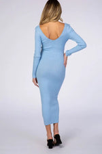 PinkBlush Light Blue V - Neck Long Sleeve Fitted Maternity Maxi Dress - 