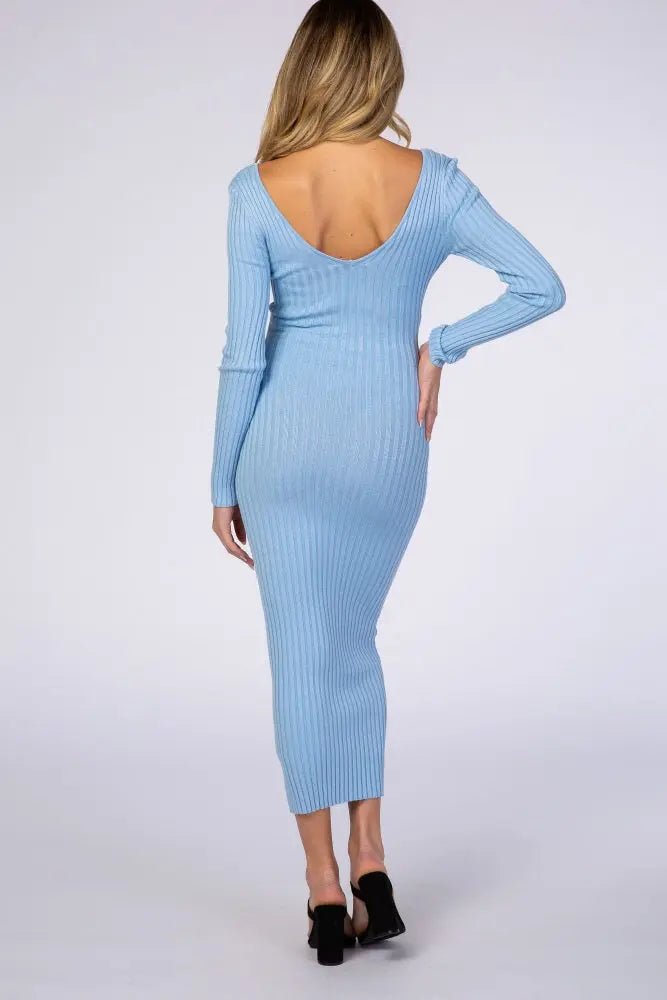 PinkBlush Light Blue V - Neck Long Sleeve Fitted Maternity Maxi Dress - 