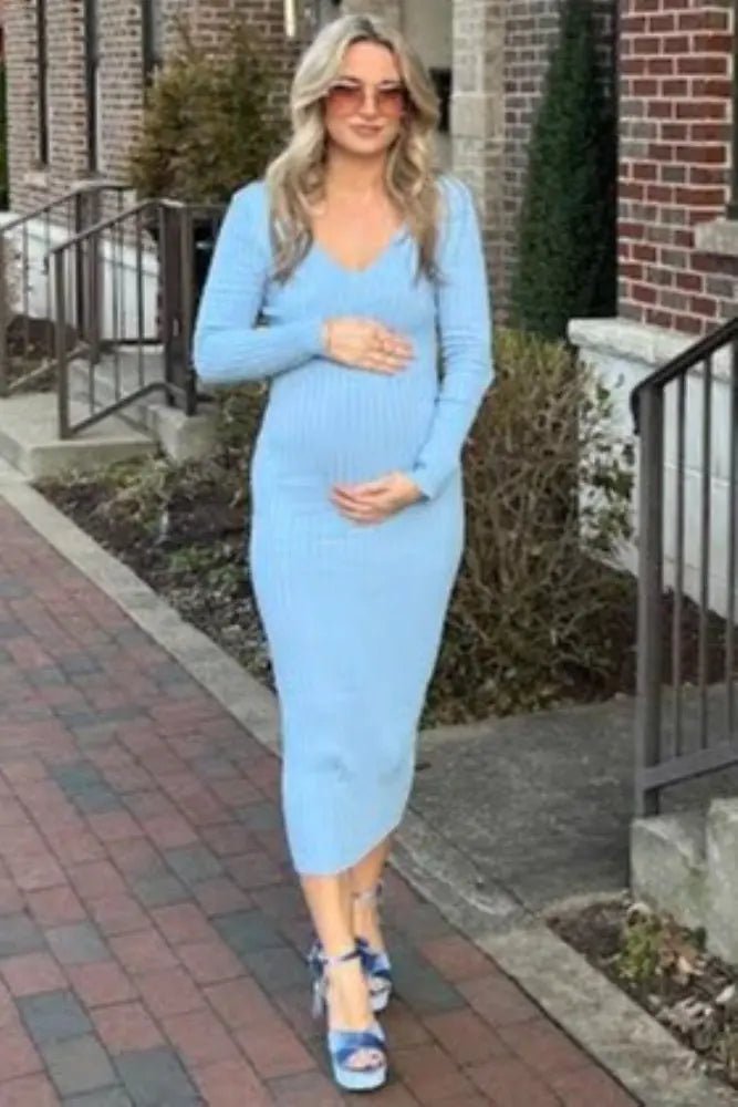 PinkBlush Light Blue V - Neck Long Sleeve Fitted Maternity Maxi Dress - 