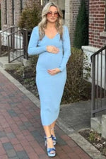 PinkBlush Light Blue V - Neck Long Sleeve Fitted Maternity Maxi Dress - 
