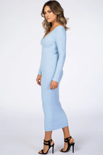 PinkBlush Light Blue V - Neck Long Sleeve Fitted Maxi Dress - 